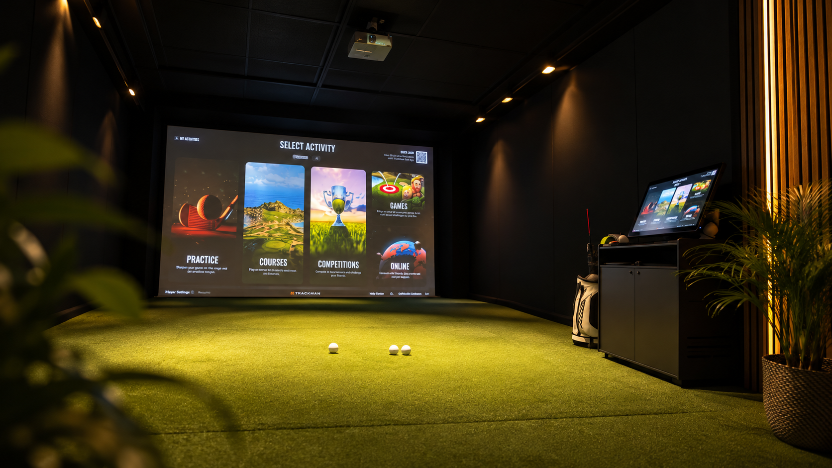 modern golf simulatorrum med varm stämning